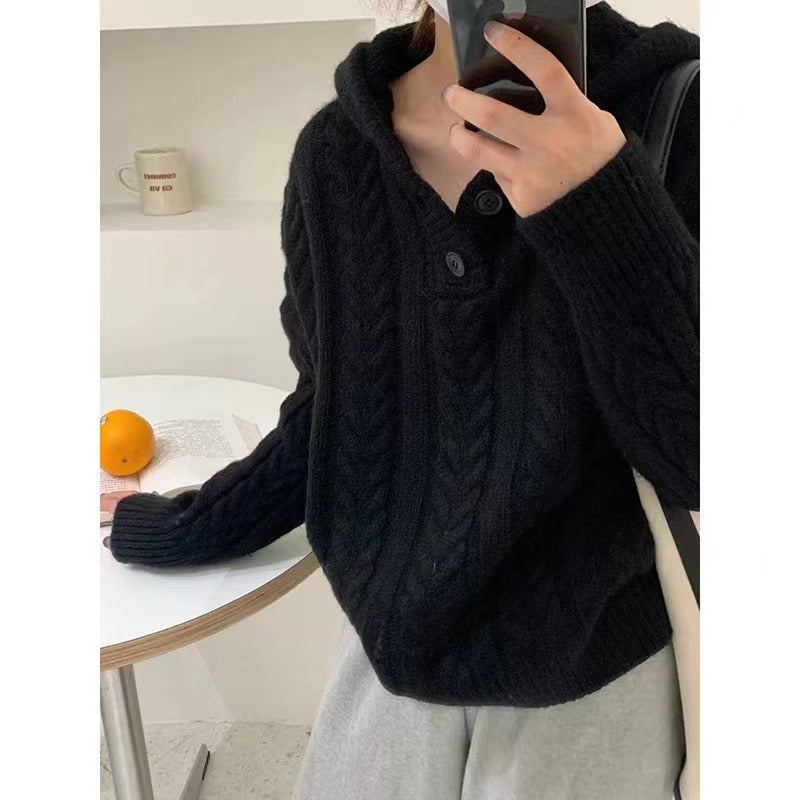 Lockeres Herbst- und Winter-Twist-Strick-Hoodie-Stricktop von 1950