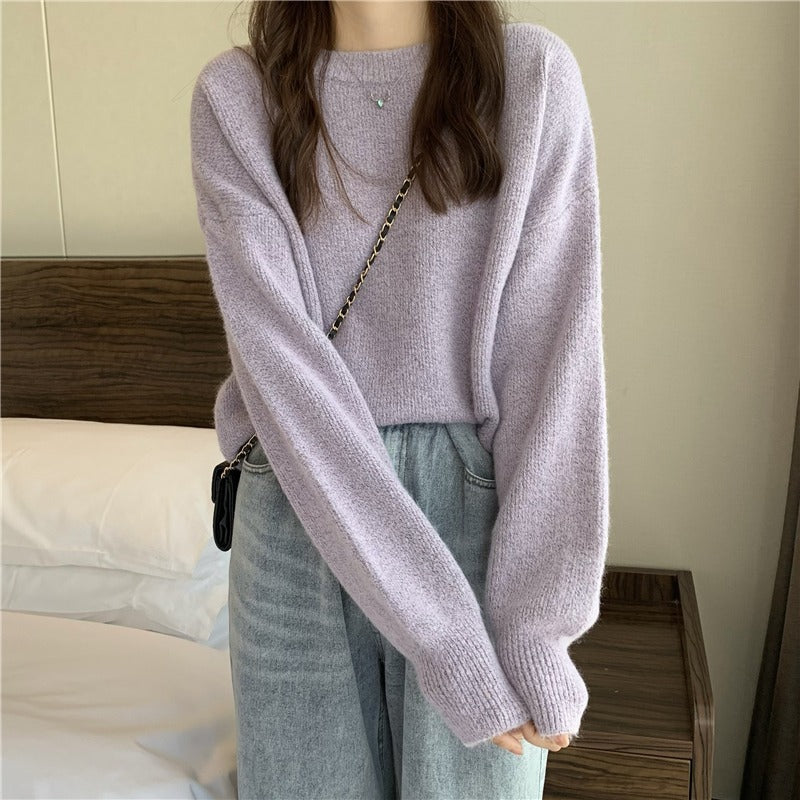Loose Pullover Solid Color Sweater Autumn and Winter Soft Knitted Sweater Top 1954