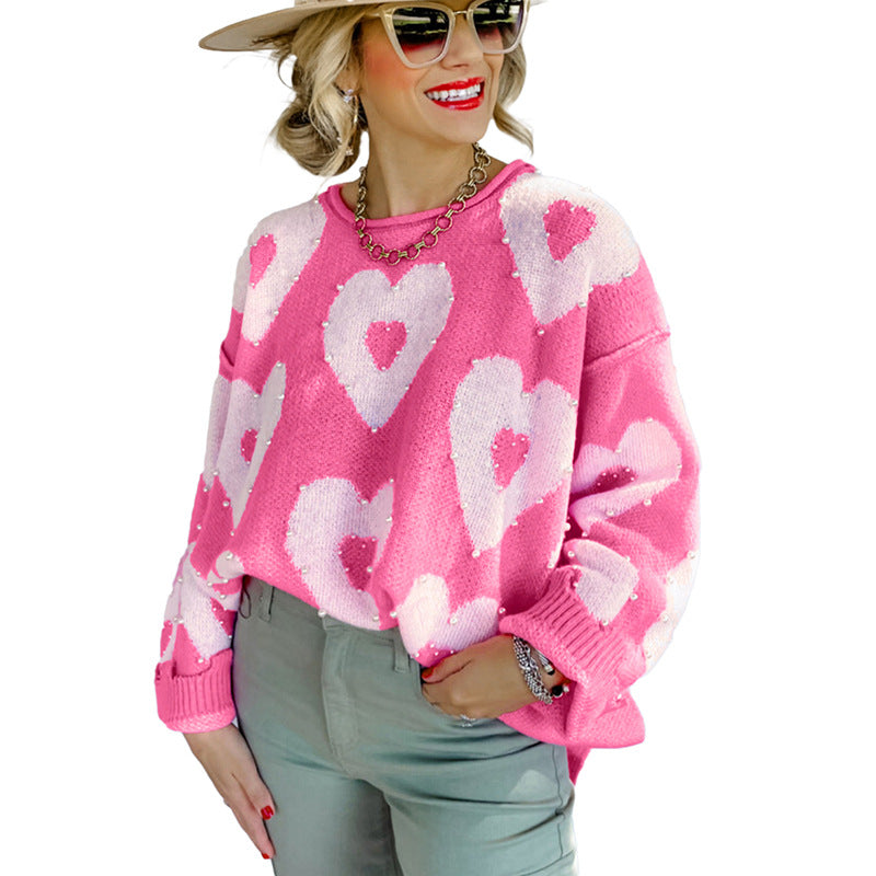 Autumn and Winter Long-sleeved Top Sweet Beaded Print Sweater 1945