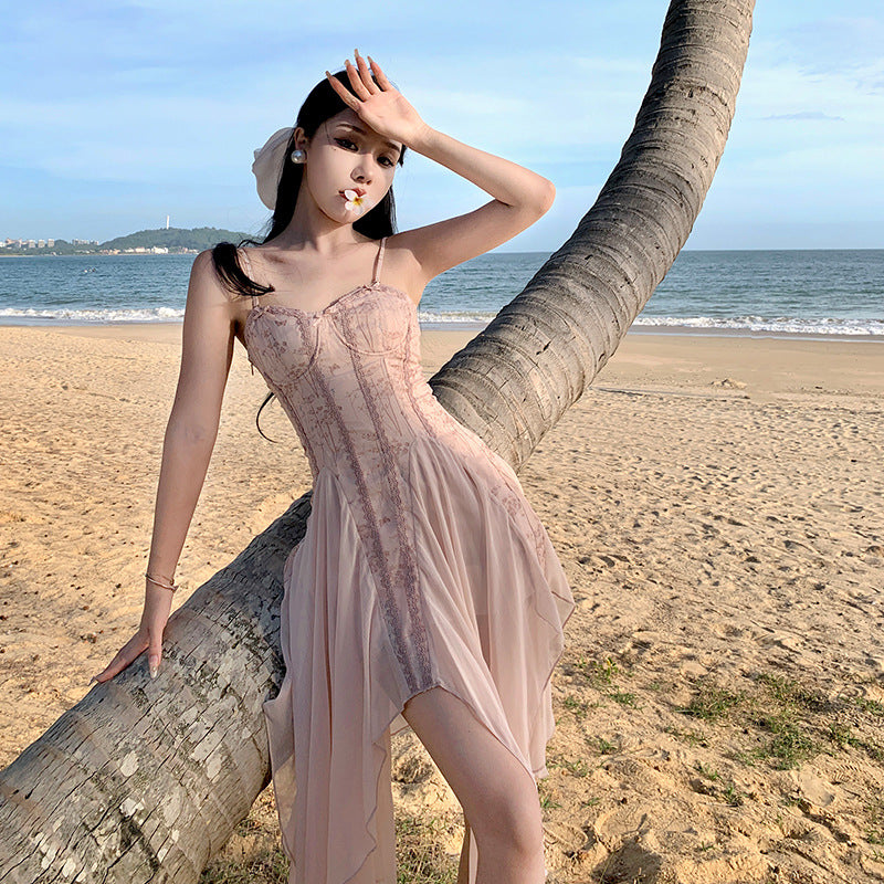 Robe d'été en dentelle brodée en mousseline de soie à bretelles spaghetti, robe de fée 802