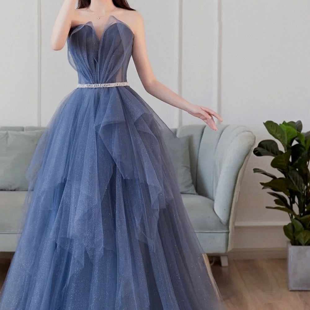 Strapless Formal Evening Gown Blue A Line Tulle Shiny Prom Dress 214 - JulyProm