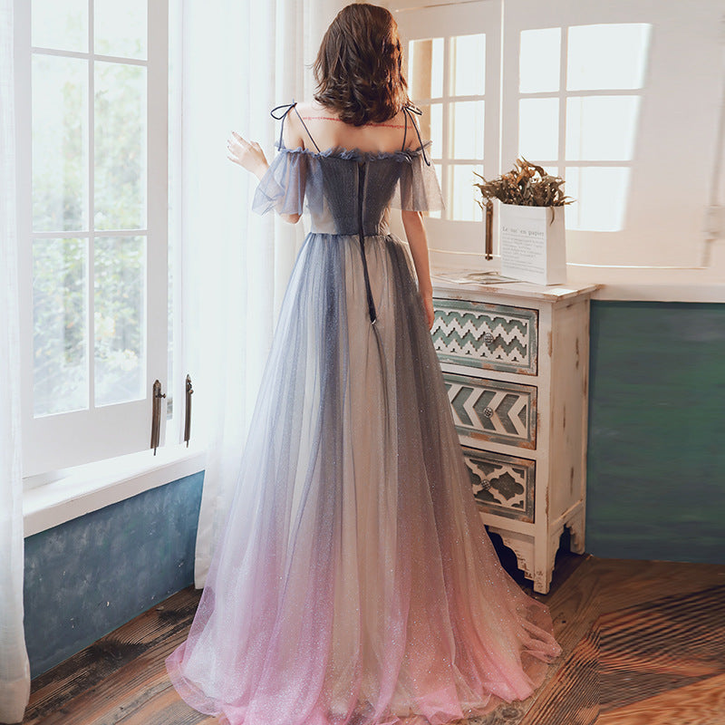 Robe de bal trapèze en tulle dégradé gris bleu à épaules dénudées, longue et brillante, tenue de soirée 589