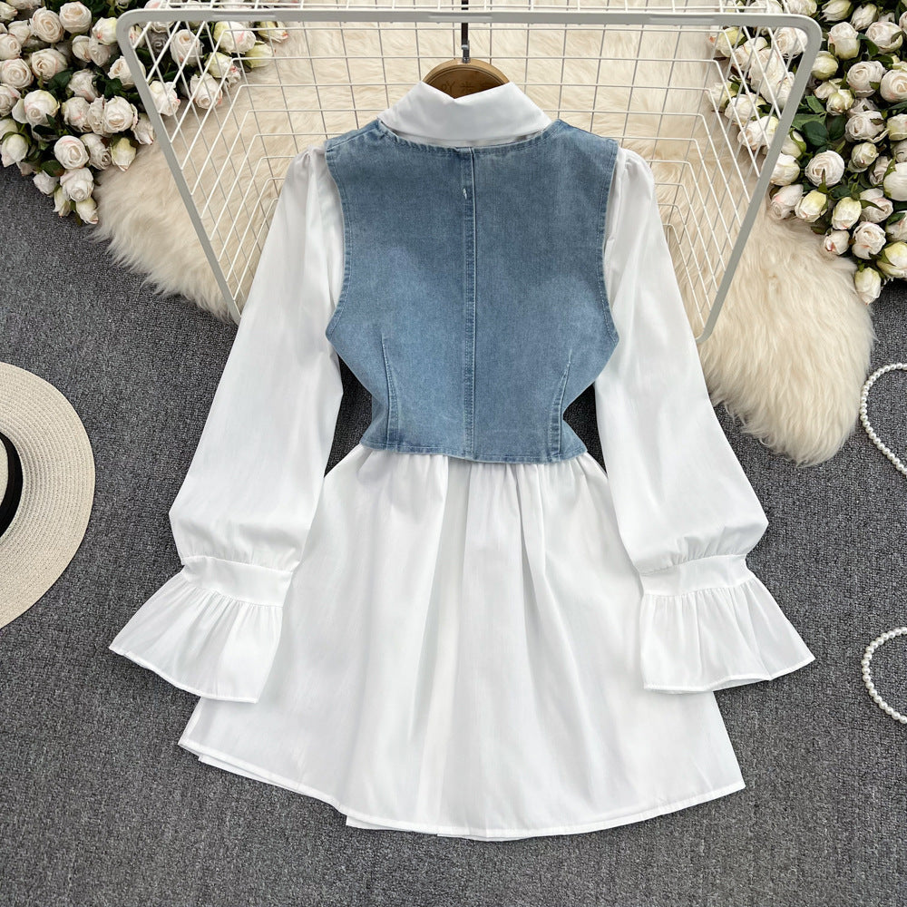 Robe chemise trapèze à manches longues bouffantes et gilet en jean deux pièces pour femme 290