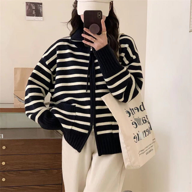 Zipper Loose Striped Sweater Jacket Autumn Stand Collar Cardigan with Pockets 1816
