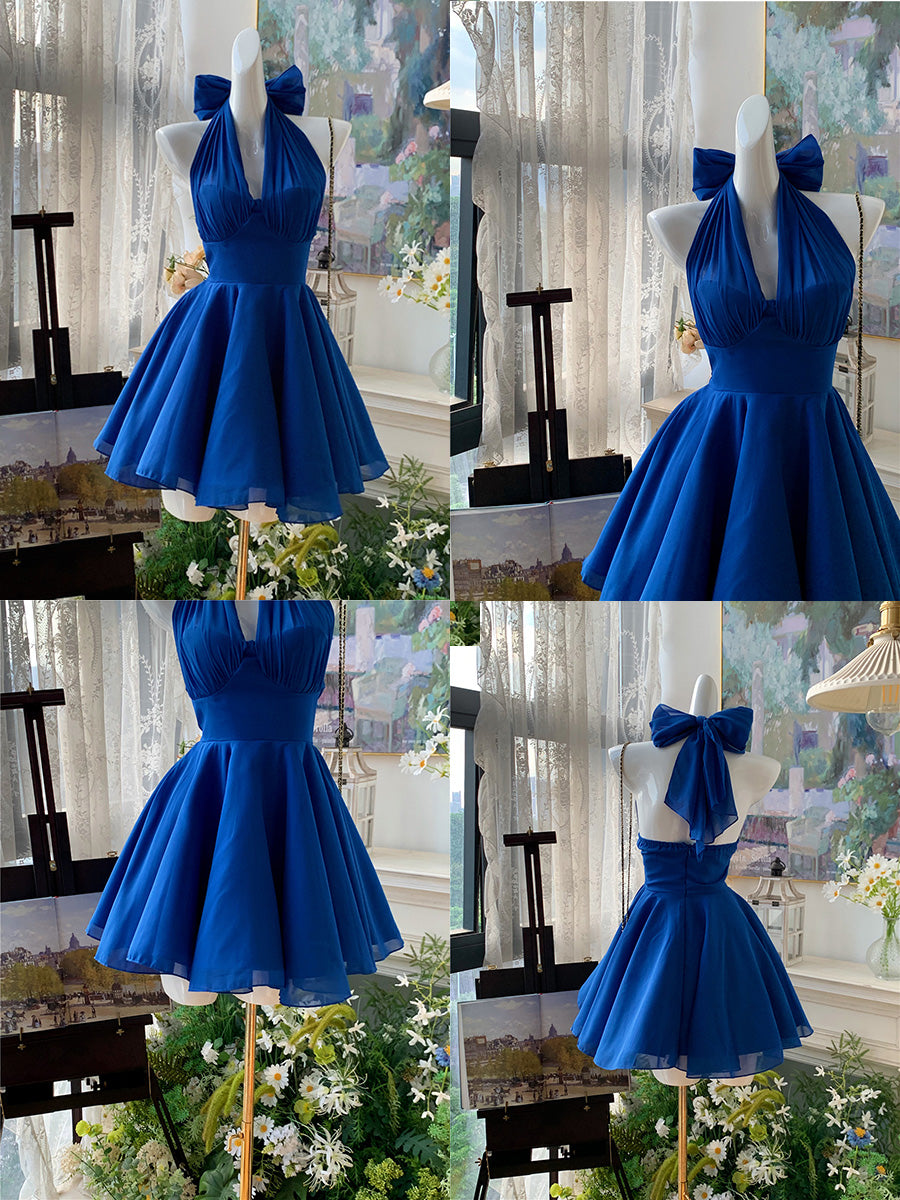 V-neck Bow Knot Halter Short Dress Homecoming Dress L70