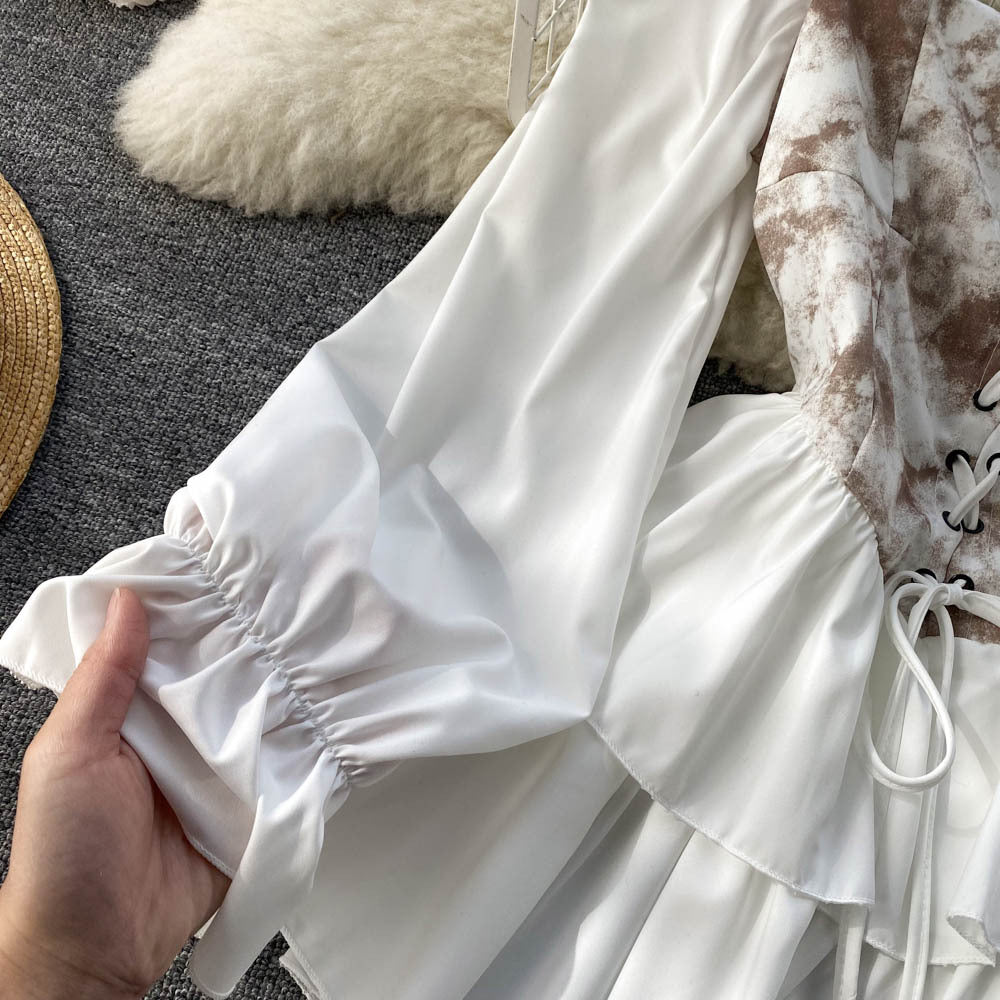 2023 New Square Collar Retro One-shoulder Ruffled Mid-length Fluffy Dress 233 - JulyProm