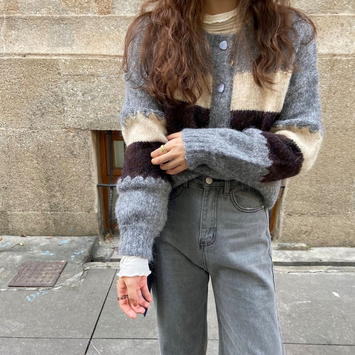 Cardigan à blocs de couleurs, pull à manches longues et col rond, collection automne-hiver 1738