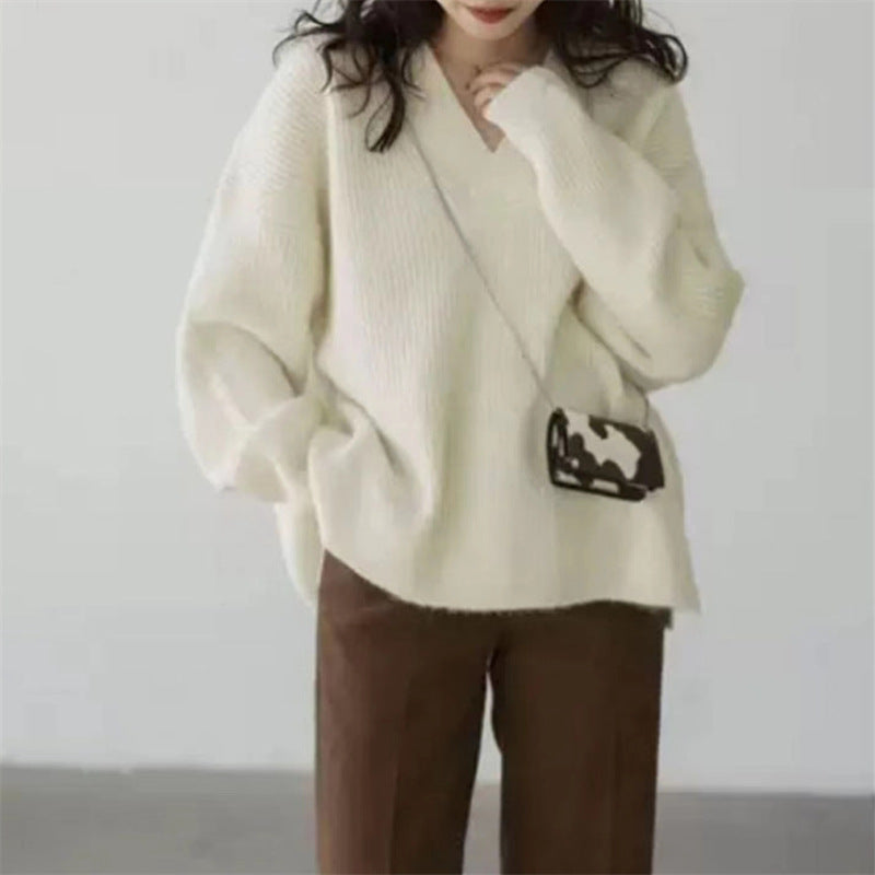 Pull ample à col en V automne et hiver Pull paresseux couleur bonbon 1732