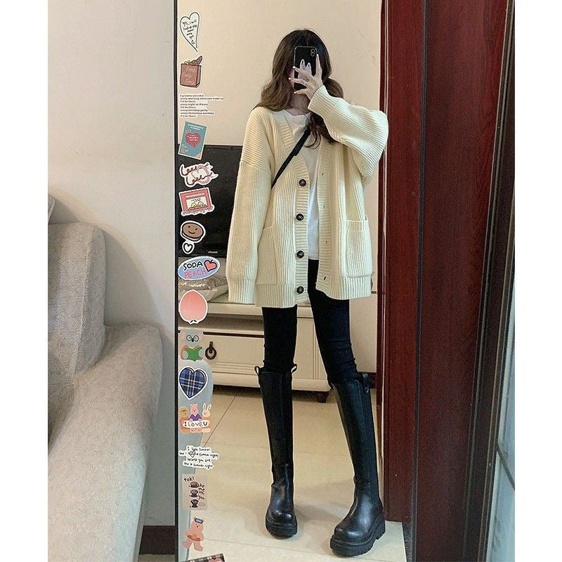 Autumn and Winter Sweater Jacket Loose Outer Wear Lazy Style Retro Knitted Cardigan 1736