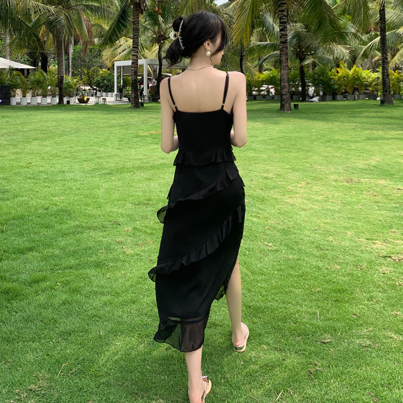 Robe d'été longue noire à bretelles spaghetti, robe de soirée 429