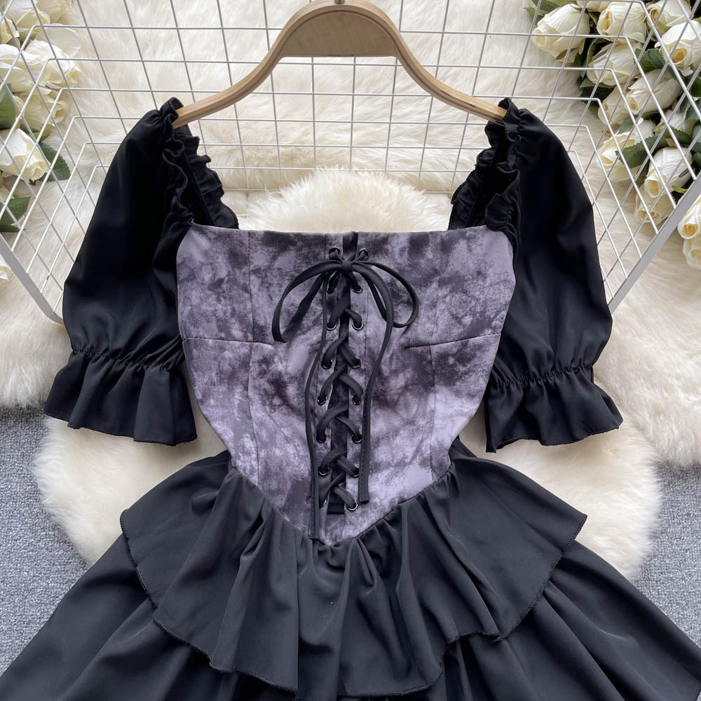 French Court Style Square Neck Puff Sleeve Puff Skirt Dress 333