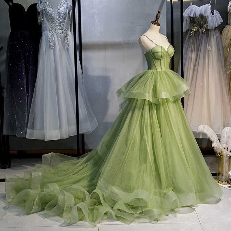 Ball Gown Green Tulle Ruffles Quinceanera Dresses Spaghetti Straps Prom Dress with Train 213 - JulyProm