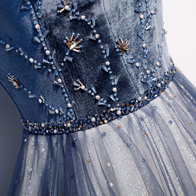 Off Shoulder Velvet Tulle Prom Dress Beaded Long Evening Dress 155 - JulyProm