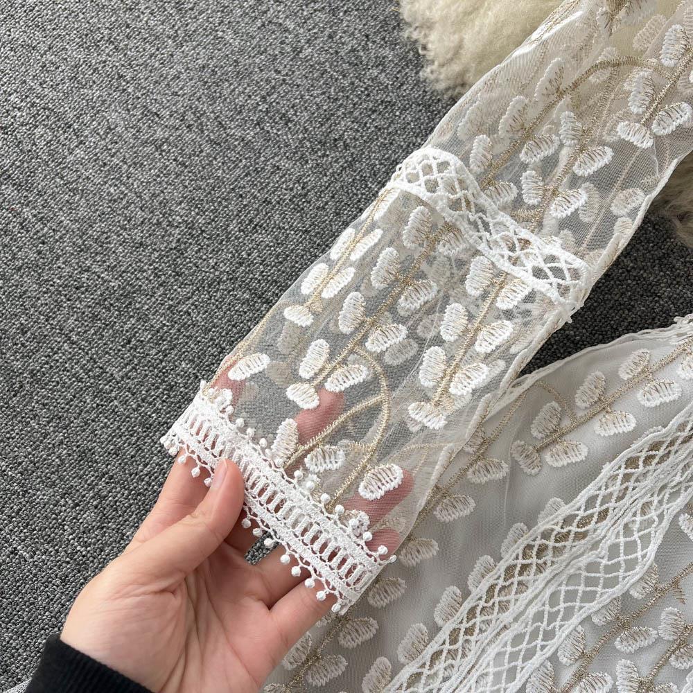 New Long Sleeves Skirt Mesh Embroidery Stitching A Line Dress 445