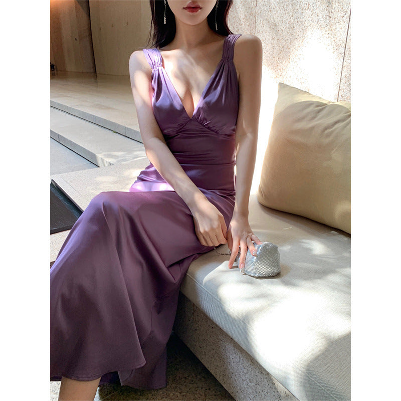 Lila Satin rückenfreies Kleid Meerjungfrau Rüschen Abendkleid 1084