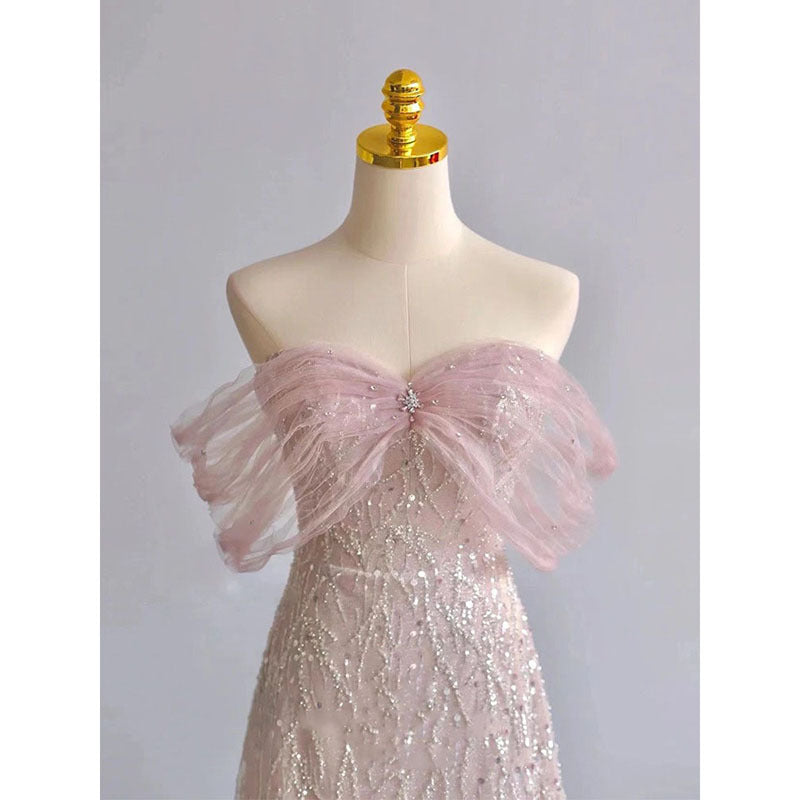 Robe de bal rose à épaules dénudées et paillettes, tenue de soirée princesse 666