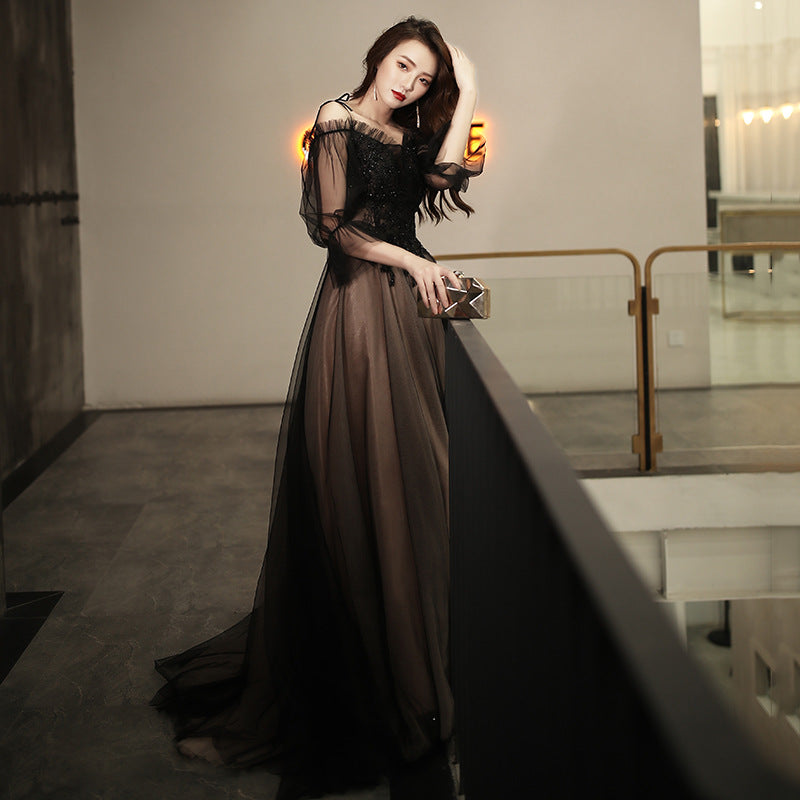 Black Off Shoulder Long Prom Dress A Line Tulle Evening Dress 219 - JulyProm