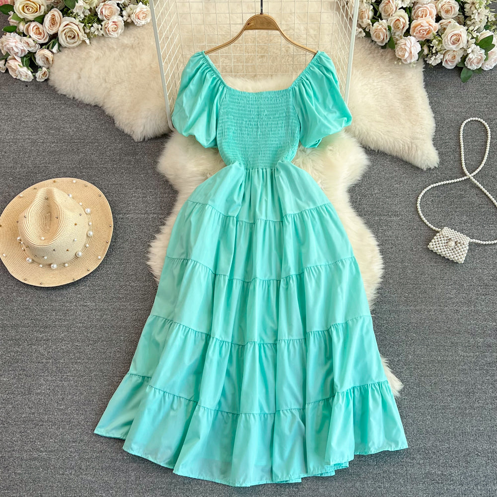 Retro Bubble Short Sleeve Square Neck A-Line Cake Dress Long Skirt 350