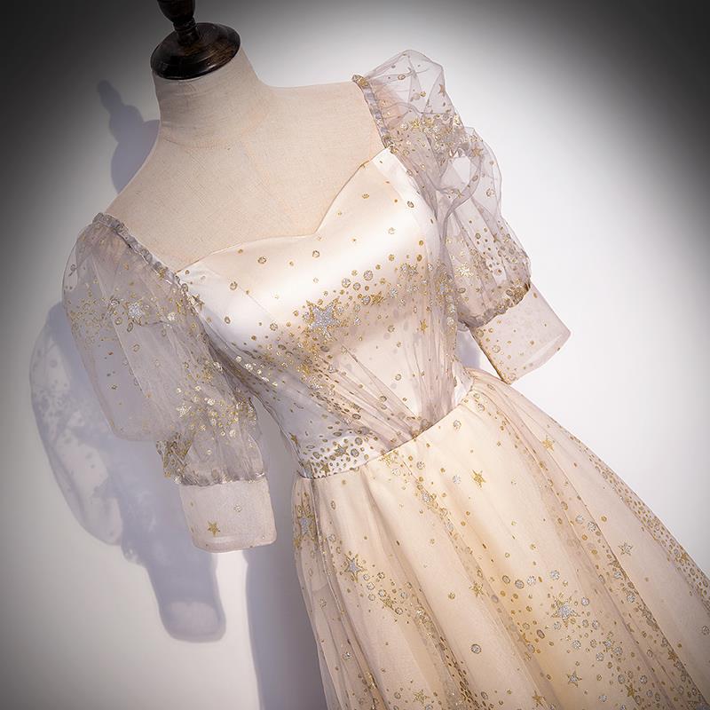 Champagne Mid Sleeves Long Prom Dress Shiny Tulle Evening Gown 230 - JulyProm