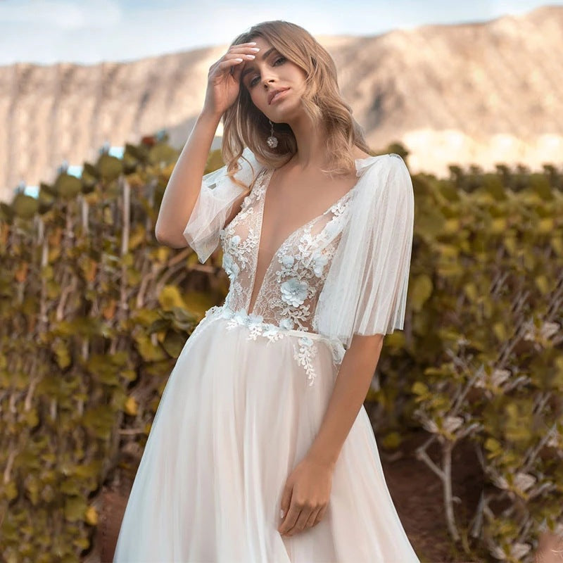 Deep V Lace Long Prom Dress Mid Sleeves Beach Wedding Dress 160 - JulyProm