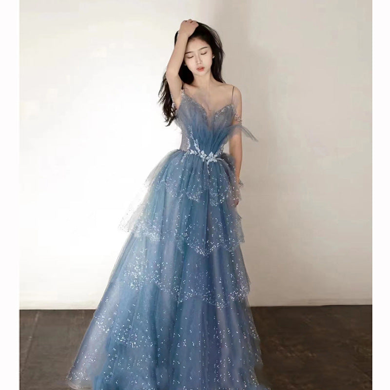Blue Tulle Sequins Long Prom Dress Sparkly Long Evening Dress 193 - JulyProm