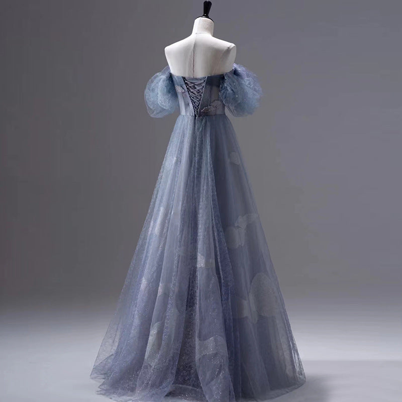 Blue Off Shoulder Tulle Long Prom Dress A Line Formal Evening Party Gown 321