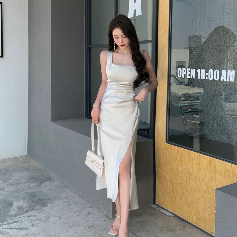 Satin Beige Spaghetti Strap Dress Summer French Dress with Slit Long Skirt 390