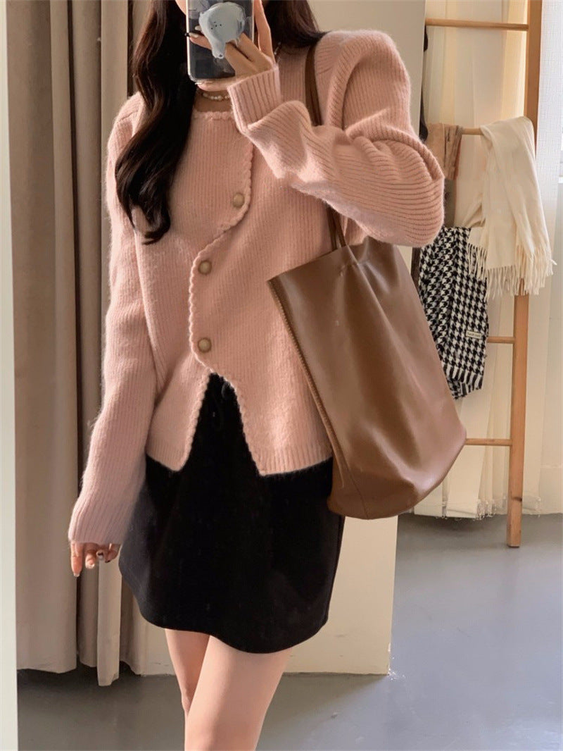 Pull col rond à boutons irréguliers, pull tricoté automne et hiver 1735