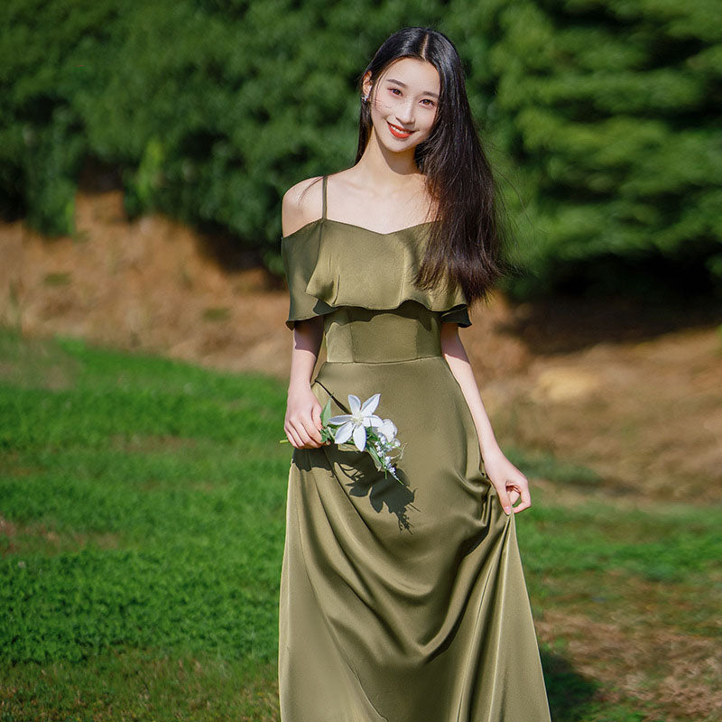 Green A Line Long Bridesmaid Dress Spaghetti Strap Formal Evening Gown Party Dress 534