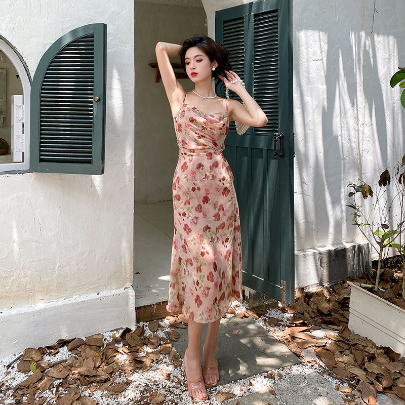 Robe à bretelles spaghetti en mousseline de soie à fleurs rétro avec jupe mi-longue fendue, jupe de vacances rose 815