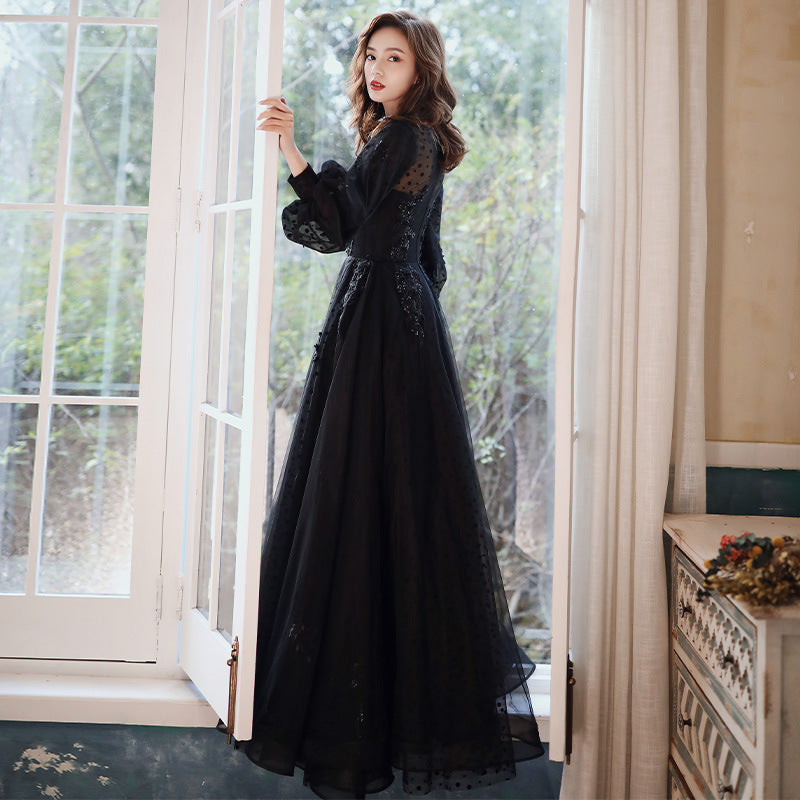French Style Black Long Prom Dress Long Sleeves Evening Party Dress 198 - JulyProm