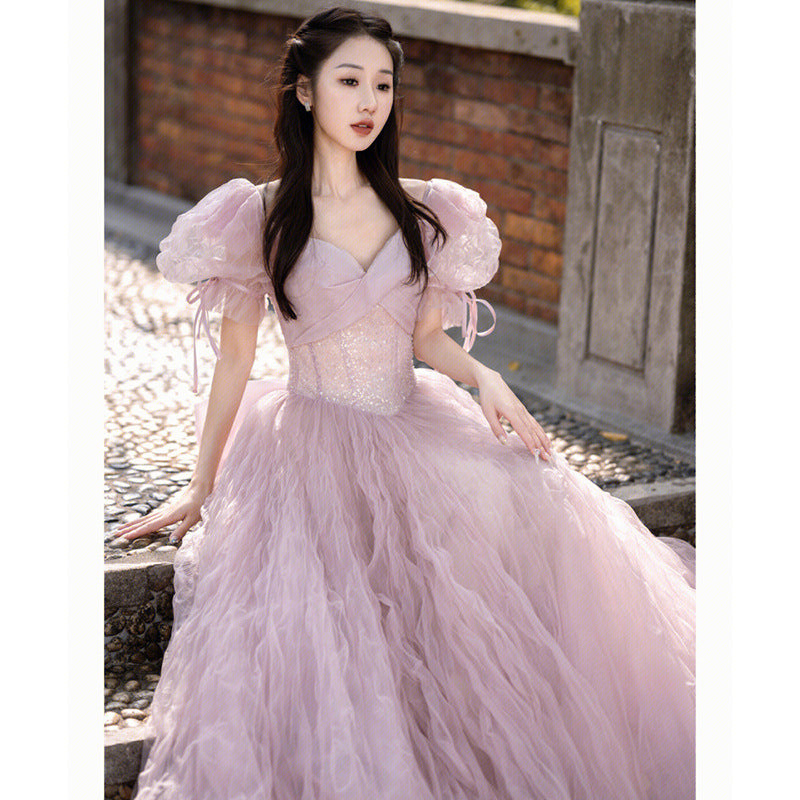 Pink A Line Tulle Prom Dress Puff Sleeves Sweet Princess Party Gown 311