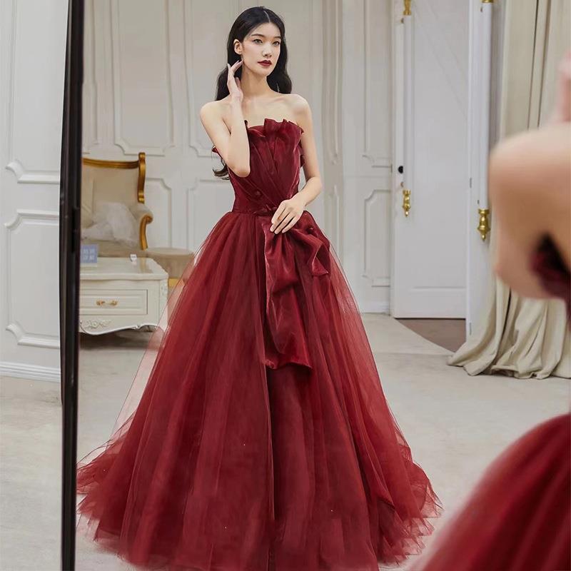 Robe de bal longue bustier bordeaux, robe de soirée formelle, 510