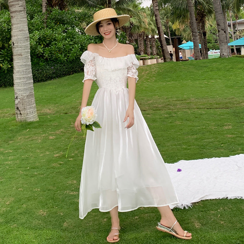 Robe d'été blanche à épaules dénudées et manches mi-longues, jupe longue 428