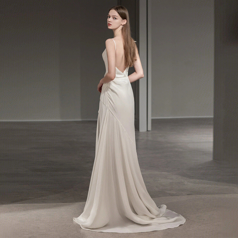 French Spaghetti Strap Long Prom Dress White Satin V back Wedding Dress 178 - JulyProm