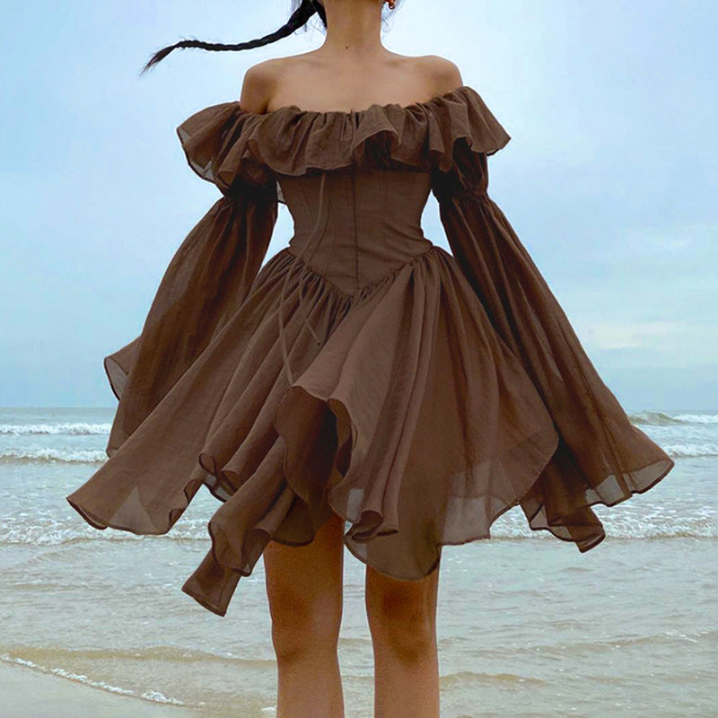 Robe à volants et épaules dénudées pour femme, manches longues irrégulières 567