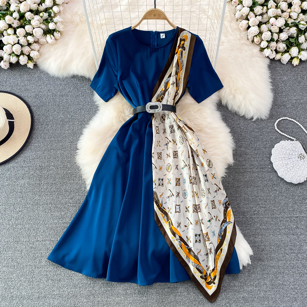 Robe trapèze à manches courtes et col rond, couleur assortie, élégante, jupe longue trapèze 449