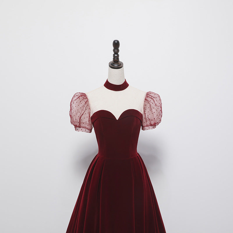 Cute Burgundy A Line Velvet Prom Dress Puff Sleeves Formal Evening Gown 515