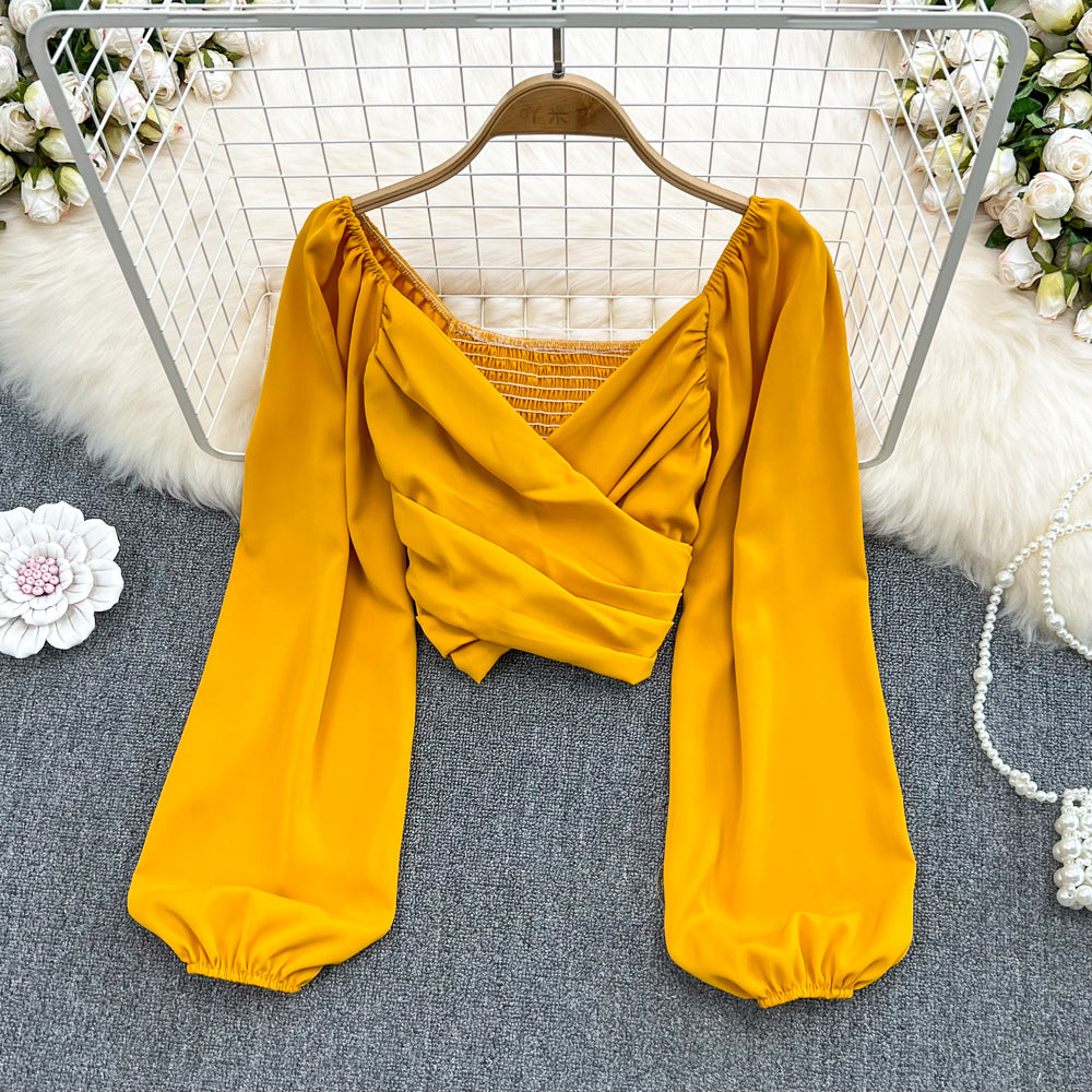 V-neck Bubble Long-sleeved Pullover Shirt Women's Short Belly Button Top 235 - JulyProm