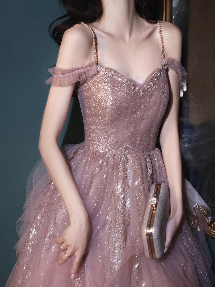 Cute Pink Fairy Long Dress Long Evening Dress Spaghetti Strap Formal Gown 170 - JulyProm