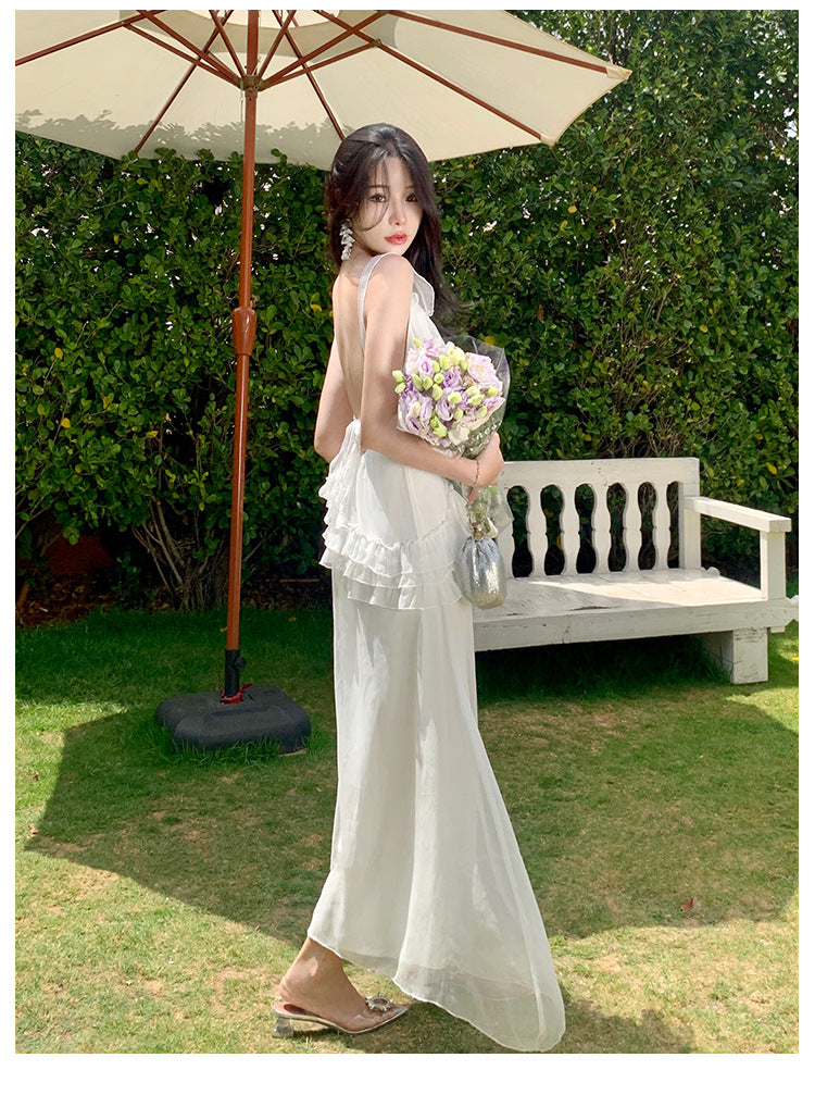 Französisches Sommerkleid mit offenem Rücken, feenhaftes weißes Kleid 785