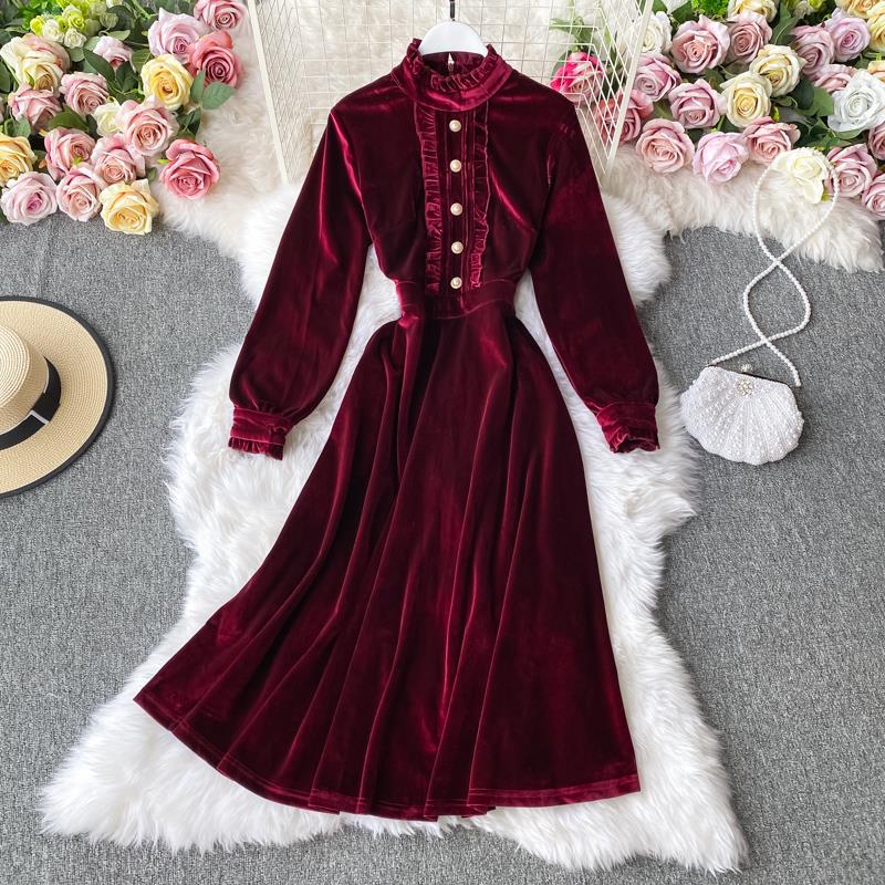 Velvet Dress Autumn and Winter Long-sleeved French Retro Wine Red Dress 473