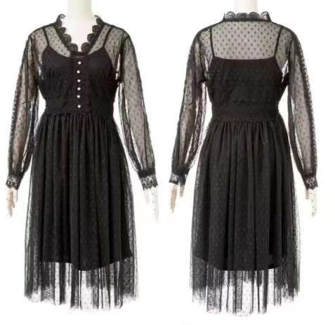 Robe en maille, robe chic en dentelle, robe à pois à manches longues 838