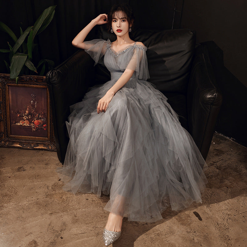 Gray Tulle Long Prom Dress A Line Evening Formal Gown 302