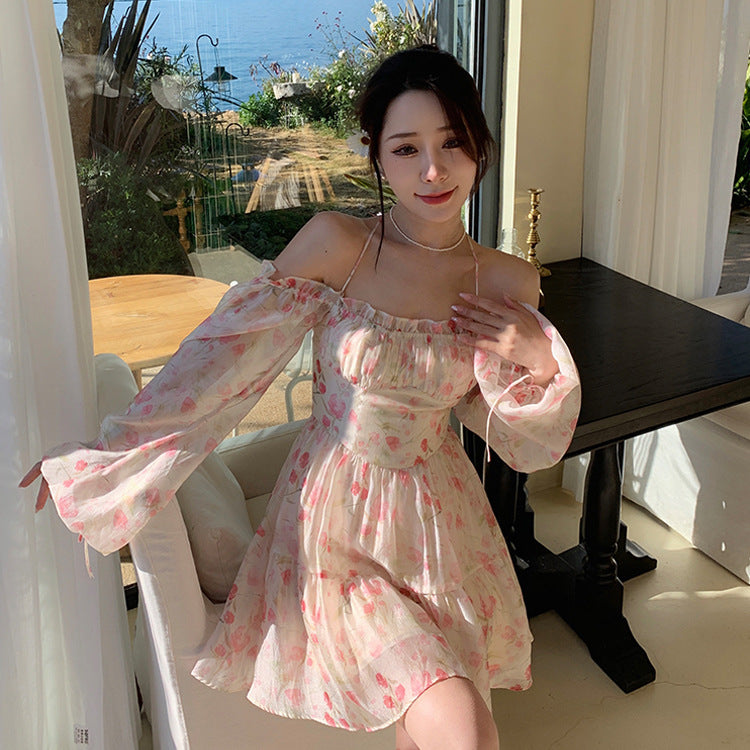 Pink Off-shoulder Long Puff Sleeve Square Neck Floral Chiffon Dress 809