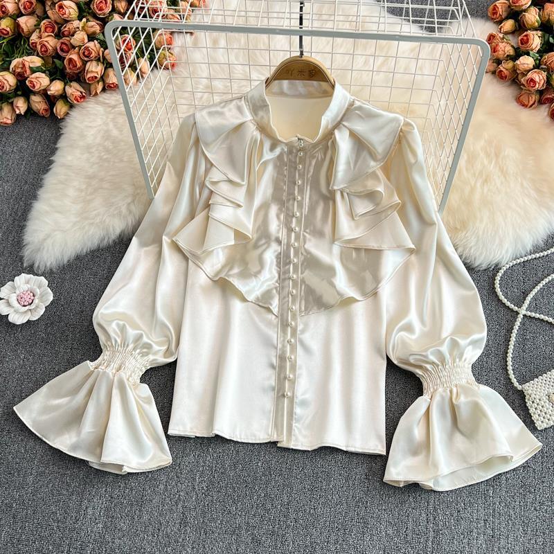 Women's Retro Trumpet Sleeve Standing Satin Shirt French Loose Top 232 - JulyProm