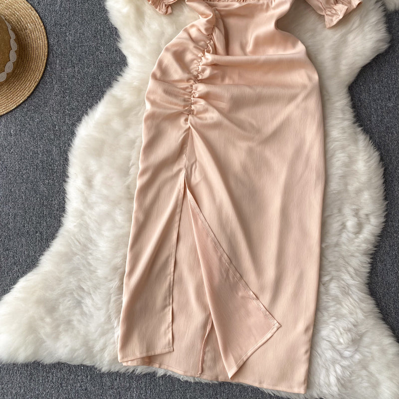 French Retro Chic Break Slit Puff Sleeve Dress for Women Summer 246 - JulyProm