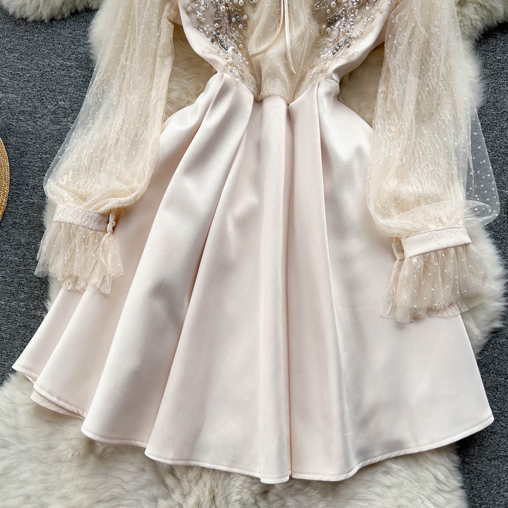 Robe taille haute en maille perlée pour femme, jupe tutu féerique, printemps et automne, 436