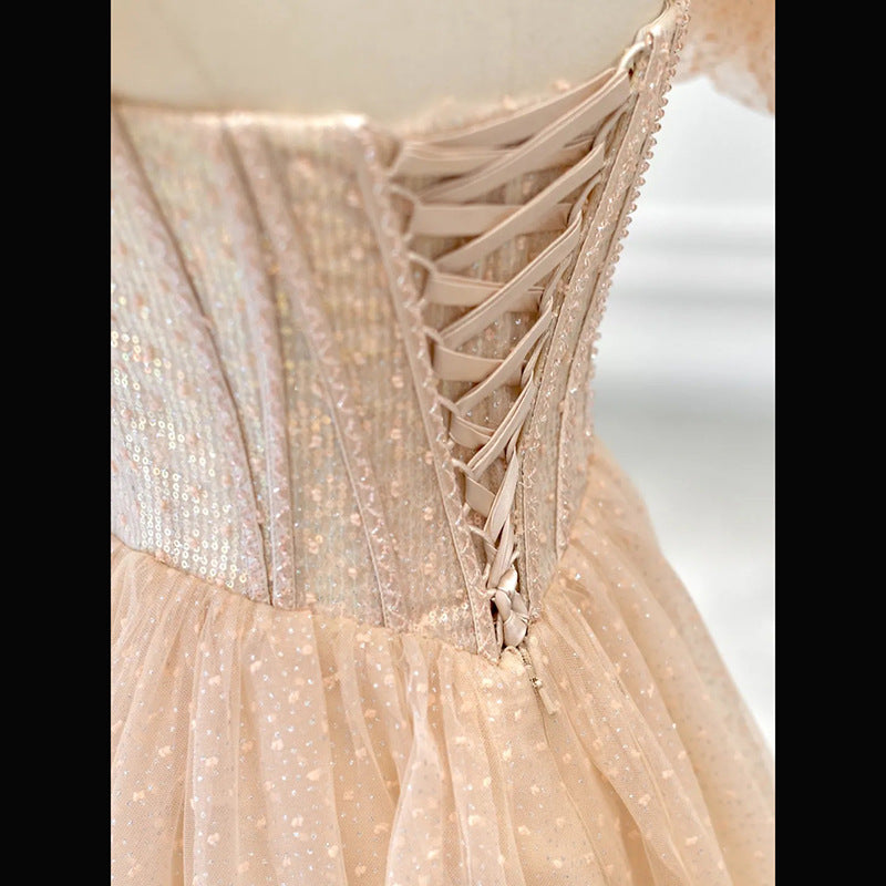 Puff Sleeves A Line Long Prom Dress Cute Birthday Party Dress Evening Gown 511