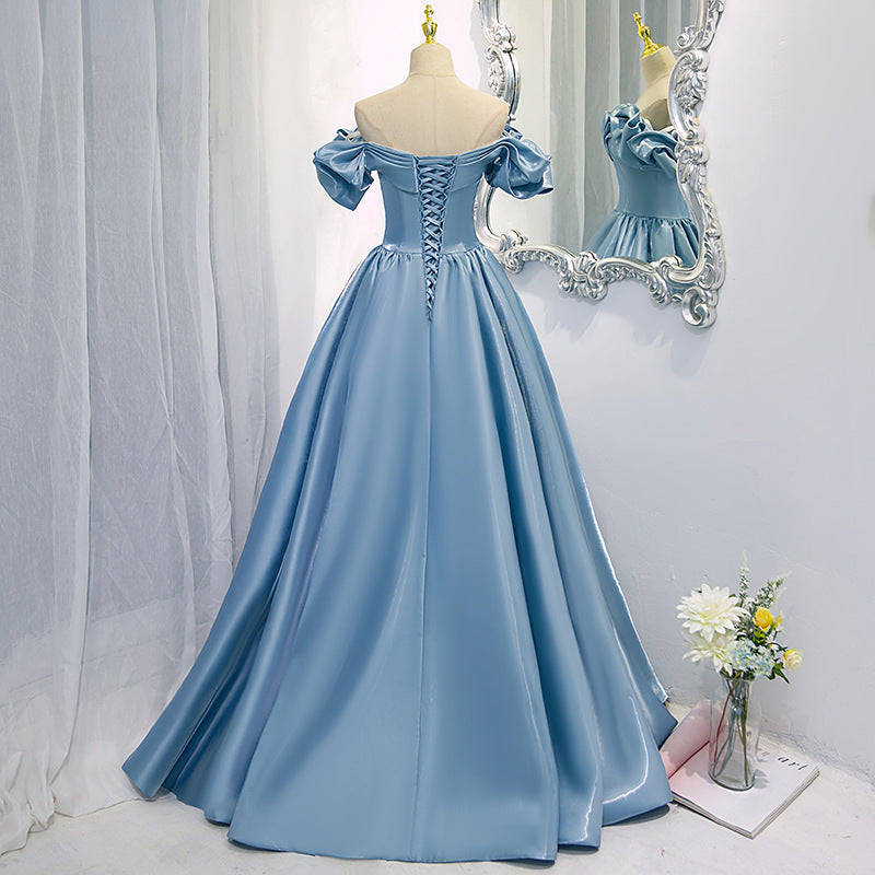 Robe de bal en satin bleu à épaules dénudées, robe de soirée formelle, 684